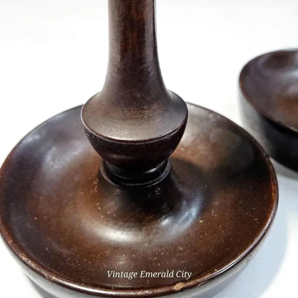 Vtg Candle Holders Turned Wood Set of 2 Brass Inserts Felted Base 9 inch READ